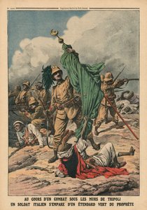 En italiensk soldat som griper den grønne standarden til profeten Muhammed, illustrasjon fra 